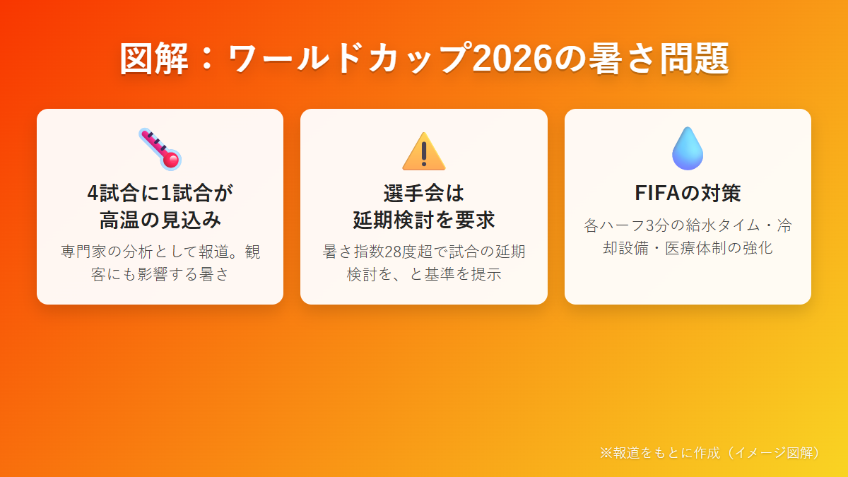図解 ワールドカップ2026の暑さ問題 選手会の警告とFIFAの対策